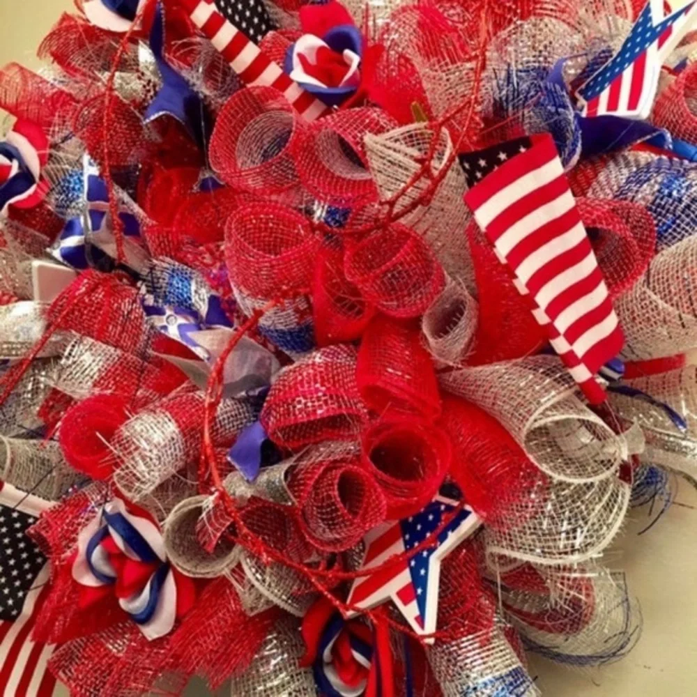 New American Flag Curly Deco Mesh Red Blue Door Wall Wreath 4th Of July